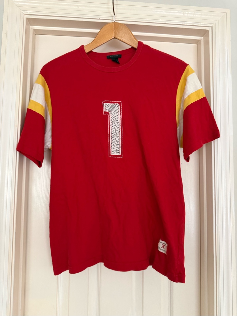 Express Red Short-Sleeve Jersey with Yellow & White Sleeve Stripes